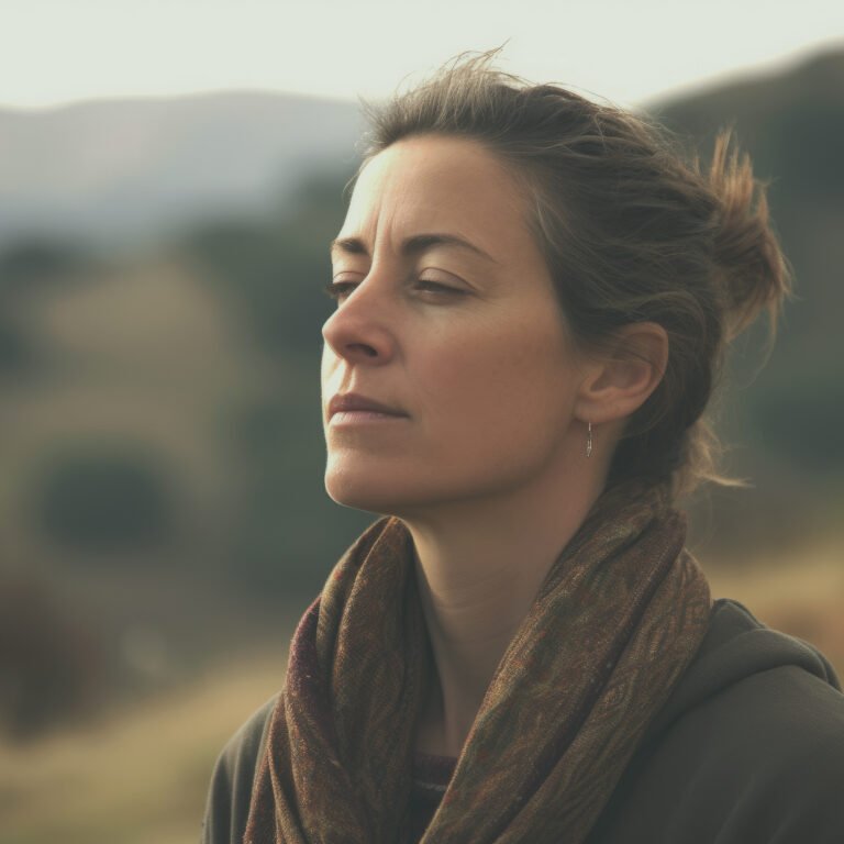 femme détendue regard au loin en pratiqaunt la pleine conscienc