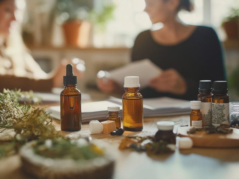 Patient en consultation avec un praticien Naturopathe, discutant de remèdes naturels.