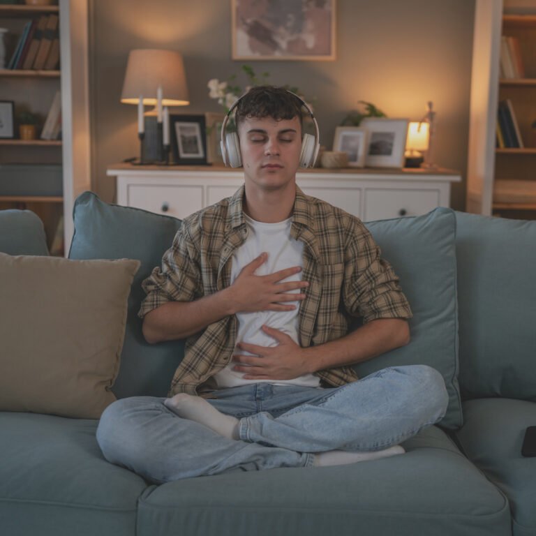 Jeune home, adolescent effectuant une relaxation guidée avec csqaue ecouteur sur la tete